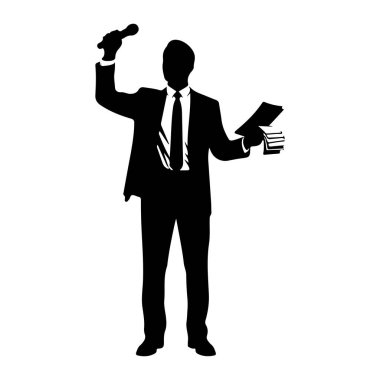 Takım elbiseli ve kravatlı bir adamın siyah silueti sağ elinde bir mikrofon ve sol elinde bir yığın kitap tutuyor. Arkaplan beyaz.