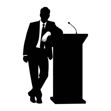 Takım elbiseli ve kravatlı bir adamın siyah silueti mikrofonla podyuma yaslanıyor. Adamın sol kolu podyumun üstünde dinleniyor ve bacakları çapraz. Podyum karanlık ve temiz, modern bir tasarıma sahip. Arkaplan düz beyaz