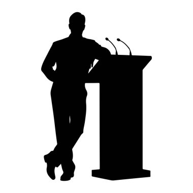 Podyuma iki mikrofonla yaslanmış siyah bir siluet. Adam resmi kıyafetler giyiyor ve bir bacağı diğerinin üzerinden geçiyor. Podyum karanlık ve beyaz arka planda duruyor..