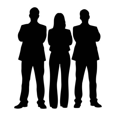 Kollarını beyaz bir arkaplanda kavuşturmuş üç kişinin siyah silueti. İki dış figür takım elbiseli erkekler ve ortadaki figür de profesyonel giyimli bir kadın. Duruşları güven ve profesyonelliği gösteriyor.