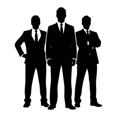Beyaz arka planda duran üç adamın siyah silueti. Onların hepsi beyaz gömlekli ve kravatlı resmi takım elbiseler giyiyor. Ortadaki adam daha uzundur ve elleri yanlarındadır. Soldaki adamın eli kalçasının üzerinde. Th