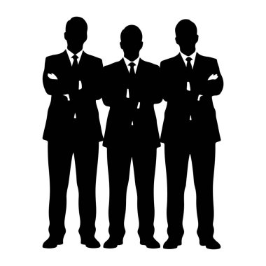 Kollarını kavuşturmuş, yan yana duran üç adamın siyah silueti. Hepsi takım elbise ve kravat takıyor. Arkaplan beyaz.