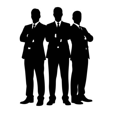 Kollarını kavuşturmuş, yan yana duran üç adamın siyah silueti. Hepsi resmi takım elbise ve kravat takıyor. Arka plan bembeyaz..