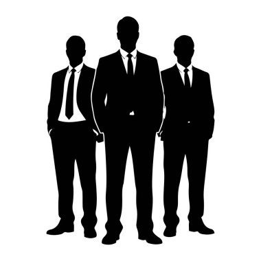 Üç adamın yan yana durduğu siyah beyaz bir siluet. Hepsi resmi takım elbise ve kravat takıyor ve profesyonel bir ortamda gibi görünüyorlar. Merkezi figür biraz daha uzun ve diğer ikisinin önünde konumlanmış..