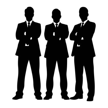 Üç siyah erkek silueti kollarını kavuşturarak yan yana duruyor. Hepsi takım elbise ve kravat takıyor, kafaları ve vücutları beyaz bir arka plana karşı tamamen görünür. Şekiller biçimlendirilmiş, grafik bir şekilde resmedilmiş..