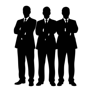 Kollarını kavuşturmuş, yan yana duran üç adamın siyah silueti. Hepsi takım elbise ve kravat takıyor. Arkaplan düz beyaz.