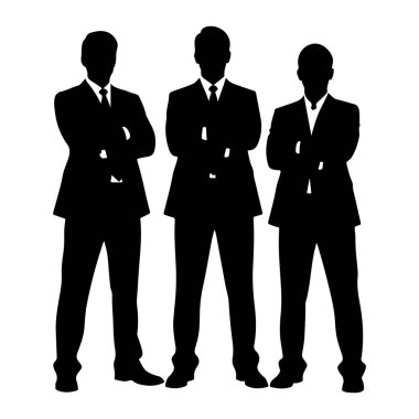 Kollarını kavuşturmuş, yan yana duran üç adamın siyah silueti. Hepsi takım elbise ve kravat takıyor ve ortadaki şekil diğer ikisinden biraz daha uzun. Arkaplan düz beyaz.