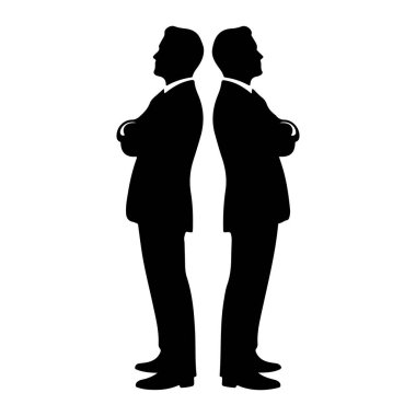 Sırt sırta duran, zıt yönlere bakan iki adamın siyah silueti. İki adam da kollarını kavuşturmuş takım elbise ve kravat takıyor. Arkaplan düz beyaz.
