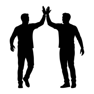 Ayakta duran ve birbirlerine beşlik çakan iki adamın siyah silueti. Kolları havada ve elleri ortada toplanıyor. İkisi de birbirlerinin yüzüne bakıyorlar ve bir başarıyı kutluyor ya da kabul ediyor gibi görünüyorlar. Arka plan sade Whit.