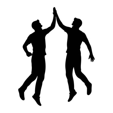 Siyah bir siluet, beyaz bir arka plana atlayıp birbirlerine beşlik çakan iki adam. Vücutları dinamik pozlarda, hareket ve enerjiyi işaret ediyor. Sol koluyla dirseğini kaldırmış ve bükmüş bir adam var.