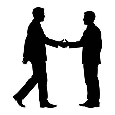 Takım elbiseli iki adamın siyah silueti beyaz bir arkaplanda el sıkışıyor. Soldaki adam, sağdaki adama doğru yürüyor, o hala ayakta duruyor. Elleri tokalaşıyor..