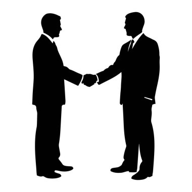 Takım elbiseli iki siyah siluet beyaz arka planda el sıkışıyor. Adamlar birbirlerine dönük ve elleri bir tokalaşmada sıkışıyor. Takım elbiseleri resmi görünüyor, yakaları ve kravatları görünür. Görüntü basit, grafik yeniden