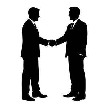 Takım elbiseli iki adamın siyah silueti beyaz bir arkaplanda el sıkışıyor. Her iki adam da birbirine bakıyor ve sağ elleri bağlı. Her ikisi de ceket, gömlek ve kravat da dahil olmak üzere resmi kıyafetler giyiyorlar. Görüntü basit, grafik 