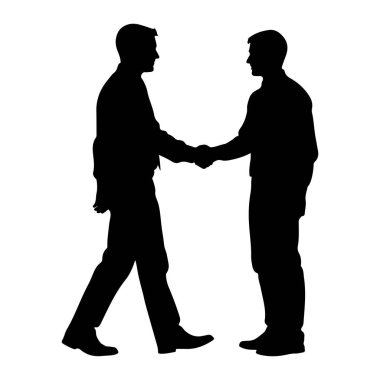 Ayakta duran ve el sıkışan iki adamın siyah silueti. Her ikisi de resmi kıyafetler giyiyorlar, bu da iş ya da mesleki bir bağlam olduğunu gösteriyor. Resim, iki figür arasındaki etkileşimi vurgulayan beyaz bir arkaplanda izole edilmiştir..