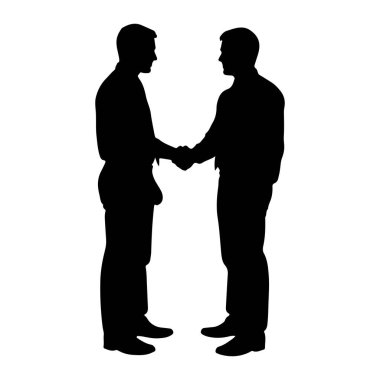 Yüz yüze duran ve el sıkışan iki adamın siyah silueti. İkisi de resmi giyinmiş, biri takım elbiseli, diğeri de gömlek ve kravat takmış. Arkaplan düz beyaz.