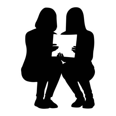 İki kişinin yan yana oturduğu siyah bir siluet. Beyaz bir belgeye ya da bir kağıt parçasına bakıp tutuyorlar. Elleri kağıdın kenarlarını tutarken görülebiliyor. Arka plan bembeyaz..