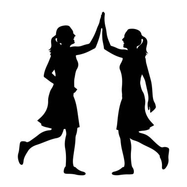 İki kadının yüz yüze olduğu siyah bir siluet. Birbirlerine beşlik çakıyorlar. Her ikisi de elbise giyiyor ve at kuyruğu saçları var. Vücutları dinamik pozlarda, hareket ve kutlama öneriyorlar. Arkaplan düz beyaz.