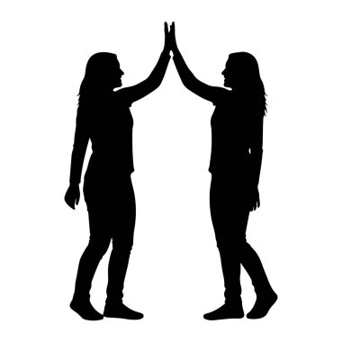 Birbirlerine dönüp beşlik çakan iki kadının siyah silueti. Elleri kalkıyor ve ortada bir kavis oluşturuyor. İki kadın da belden yukarısına doğru, profilleri görünür bir şekilde tasvir edilmiş. Günlük kıyafetler giyiyorlar, ince zeka.