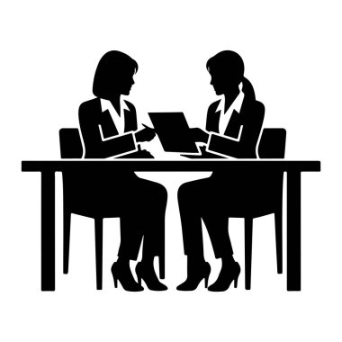 Siyah bir siluet bir masada karşılıklı oturan iki kadını bir tartışmada resmediyor. İkisi de resmi takım elbise ve yüksek topuklu ayakkabı giymişler. Bir kadın elinde bir belge tutuyor ve diğeri de ona doğru hareket ediyor gibi görünüyor. 