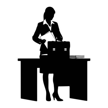İş elbisesi giymiş siyah bir kadın silueti masanın arkasında duruyor. Elinde belgeler var ve onları açık bir çantaya koyuyor gibi görünüyor. Evraklar masanın üzerinde görünür durumda. Görüntü, beyaz arka gruplamalı bir vektör illüstrasyonudur.