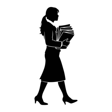 Soldan sağa yürüyen siyah bir kadın silueti. O, bir etek ve ceket de dahil olmak üzere profesyonel giysi giyiyor ve saçını at kuyruğu şeklinde geri çekiyor. Kollarında bir yığın evrak ya da dosya taşıyor..
