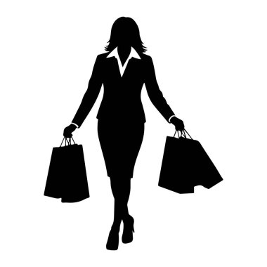Bir ceket ve etek de dahil olmak üzere iş kıyafetindeki bir kadının siyah silueti, iki alışveriş çantası taşırken yürürken resmedildi. O yüksek topuklu ayakkabı giyiyor ve onun saçı şekilli. Görüntü, beyaz arkaplanda temiz ve izole bir grafiktir..