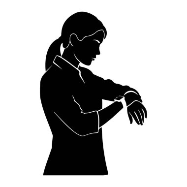 Beyaz arka planda siyah bir kadın silueti tasvir edilir. Profilde sol bileğine bakıyor ve akıllı bir seğirme takıyor. Saçları at kuyruğu şeklinde geri çekiliyor ve yakalı bir gömlek giyiyor. Görüntü... 