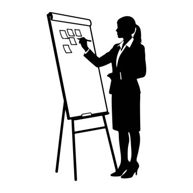 Takım elbiseli bir kadının siyah bir silueti bir tablonun önünde duruyor. Elinde bir işaret var ve grafiğe birkaç kare çizilmiş bir şeyler çiziyor ya da yazıyor gibi görünüyor. Çevirme çizelgesi tripod standında. Görüntü basit, Gra.
