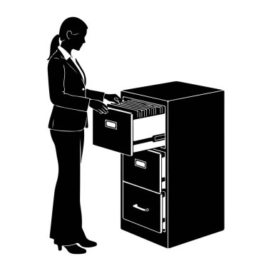 Takım elbiseli bir kadının siyah silueti siyah bir dosya dolabının yanında duruyor. Dosyalarla dolu açık bir çekmeceye uzanıyor. Dosya dolabının üç çekmecesi var, en üstteki açık. Görüntü tekrar temiz, modern bir siluet.