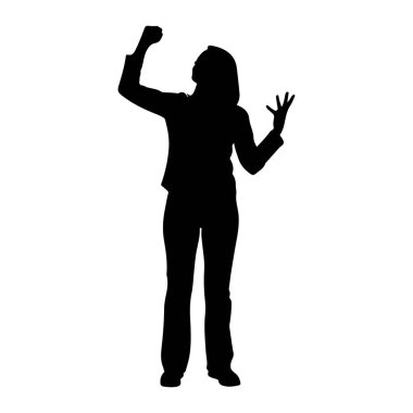 Beyaz arka planda duran siyah bir kadın silueti. Pantolon takım elbise giyiyor ve sağ kolunu kaldırıyor ve kutlama jesti olarak yumruğunu sıkıyor. Sol eli açık ve hafifçe kaldırılmış, parmakları açık. Kafası eğik.