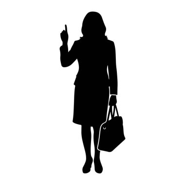 Siyah bir kadın silueti beyaz bir arkaplan karşısında öne bakıyor. O, bir ceket, etek ve ayakkabılar da dahil olmak üzere profesyonel giysi giyiyor. Sağ kolu kaldırılmış ve işaret parmağı yukarı doğru işaret ediyor. Bu da bir fikir ya da Instruc olduğunu gösteriyor.