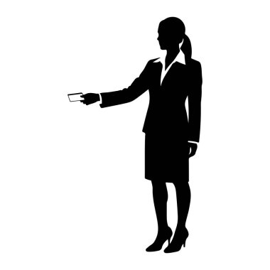 Profesyonel kıyafetli, takım elbiseli, etekli ve topuklu ayakkabılı bir kadının siyah silueti sağ kolu açık duruyor. Baş parmağıyla işaret parmağı arasında bir kredi kartı tutuyor ve onu ileri doğru gösteriyor. Arkaplan ne kadar sade