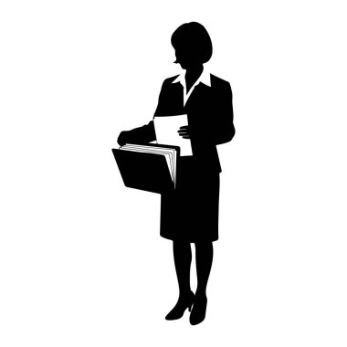 Siyah siluet bir kadın yüzü sola dönük duruyor, sağ elinde bir belge ve solunda kağıtlar olan bir dosya var. Etek, bluz ve topuklu bir takım elbise giyiyor. Arkaplan beyaz.