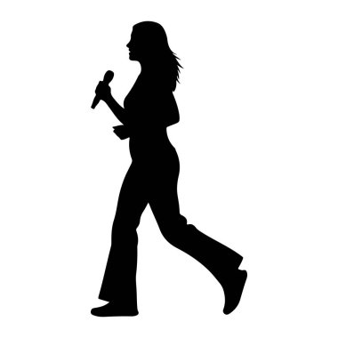 Elinde mikrofon olan ve şarkı söyleyen bir kadının siyah silueti. Profilde tasvir edilmiş, saçları akarken ve vücudu hareketli bir pozda. Siluet beyaz bir arkaplanda izole edilmiş..