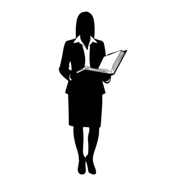Elinde açık bir kitapla ayakta duran siyah bir kadın silueti. O, etekli resmi bir takım elbise ve görünür yakalı bir bluz giyiyor. Arkaplan beyaz.