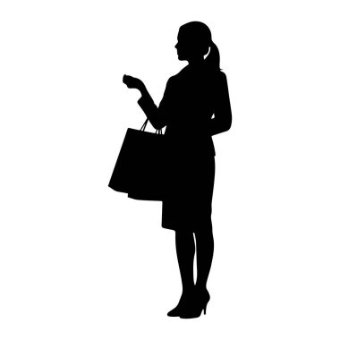 Siyah bir kadın silueti sol kolunda büyük bir alışveriş çantası tutarak sola dönük duruyor. O bir ceket, etek ve yüksek topuklu ayakkabı giyiyor. Onun sağ eli hafifçe kaldırılır, sanki küçük bir şey tutar gibi. Siluet bir süre izole edilmiş.