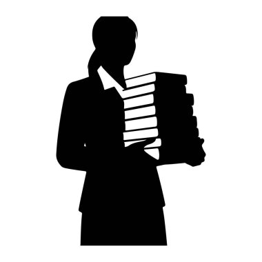 Takım elbiseli ve yakalı gömlekli bir kadının siyah silueti uzun bir kitap yığını tutuyor. Kitaplar yatay olarak istiflenmiş ve aynı boyutta görünüyor. Kadının saçı at kuyruğu şeklinde geri çekiliyor. Arkaplan beyaz.