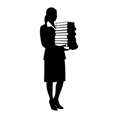 Elinde bir yığın kitap tutan siyah siluet bir kadın. Takım elbise, etek ve yüksek topuklu ayakkabı da dahil olmak üzere profesyonel kıyafetler giyiyor. Resim, beyaz arkaplana karşı basit, grafik bir gösterimidir.