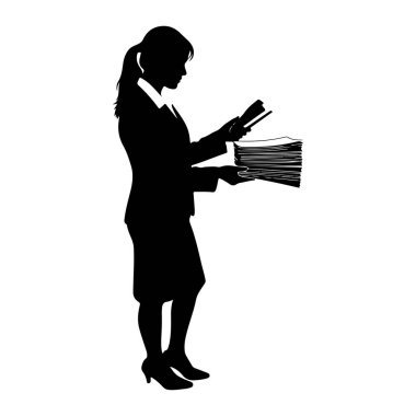 İş kıyafeti giymiş siyah bir kadın silueti bir elinde uzun bir yığın kağıt, diğer elinde ise bir belgeyi inceliyor gibi görünüyor. Takım elbise, etek ve topuklu ayakkabı giyiyor. Arkaplan düz beyaz.
