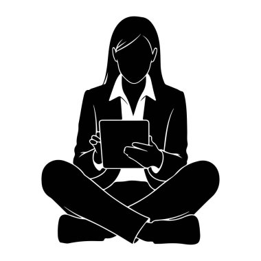 Beyaz arka planda bacak bacak üstüne atmış bir kadının siyah silueti. O, bir ceket ve yakalı gömlek de dahil olmak üzere iş kıyafeti giyiyor. Kadın elinde bir tablet tutuyor ve ekranla etkileşime giriyor gibi görünüyor. Saçları lon.