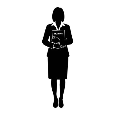 Siyah bir kadın silueti beyaz bir arkaplanda duruyor. O, bir ceket ve etek de dahil olmak üzere resmi giysiler giyiyor. O, elinde bir kitap tutuyor ve 