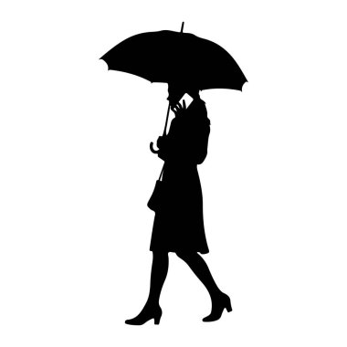 Kafasına açık bir şemsiye tutarken yürüyen siyah bir kadın silueti. O bir ceket, etek ve topuklu ayakkabı giyiyor ve omzunda asılı bir el çantası var. Eli kulağına kaldırılır, sanki konuşuyormuş gibi bir telefon tutar. Görüntü...