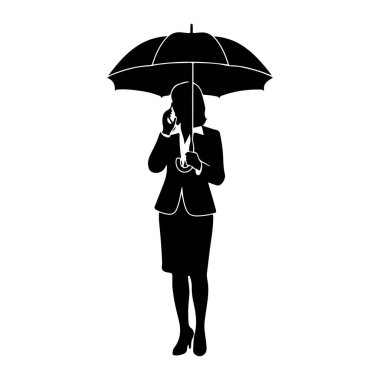 İş elbisesi giymiş, elinde şemsiyesi olan ve cep telefonuyla konuşan siyah bir kadın silueti. O bir ceket, etek ve topuklu ayakkabı giyiyor. Şemsiye kafasının üstünde açık ve tek eliyle flütü tutarken kolu tutuyor.