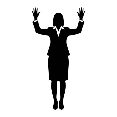 Siyah bir kadın silueti beyaz bir arkaplan karşısında öne bakıyor. O, altında yakalı bir bluz ve etek olan bir ceketten oluşan resmi bir iş elbisesi giyiyor. Kolları yukarı ve dışarı doğru, elleri açık. 