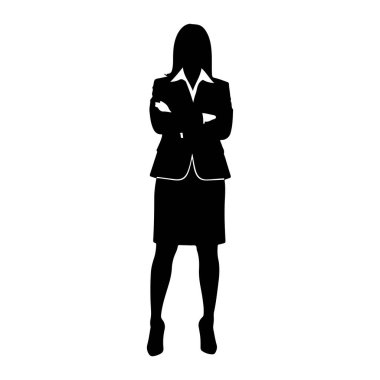 Siyah bir kadın silueti kollarını kavuşturmuş duruyor. Ceket, etek ve yakalı bluzdan oluşan bir takım elbise giyiyor. Ceket yakasında ve yakasında beyaz süsleme ayrıntıları var. O da yüksek topuklu giyiyor..