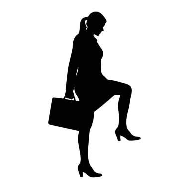 Profesyonel iş kıyafeti giymiş, sol elinde evrak çantası olan siyah bir kadın silueti. Sağ bacağı havada, orta basamakta tasvir edilmiş, hareket ve amacını gösteriyor. Saçları at kuyruğu ile arkaya çekiliyor ve yüksek topuklu giyiyor.