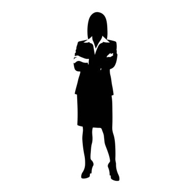 Siyah bir kadın silueti kollarını kavuşturmuş duruyor. O, etekli ve yakalı bir gömlekli bir iş elbisesi giyiyor. Siluet beyaz bir arkaplanda izole edilmiş..