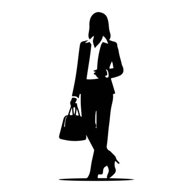 Siyah bir kadın silueti beyaz bir arkaplanda duruyor. Resmi bir iş elbisesi, yakalı bir gömlek ve pantolon giyiyor. O, sol elinde yapılandırılmış bir el çantası tutuyor ve sağ eli beline yakın dinleniyor. Bacakları...