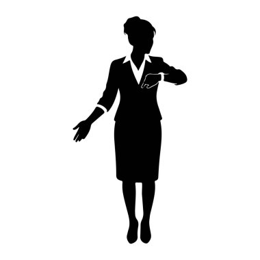 Ayakta duran ve saatine bakan siyah bir kadın silueti. Resmi bir takım elbise, ceket, etek ve yakalı bir bluz giyiyor. Saçları topuz şeklinde. Sol kolu hafifçe dışa doğru uzanıyor..
