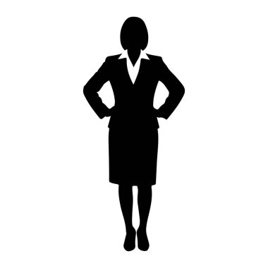 Elleri kalçasında duran siyah siluet bir kadın. Resmi bir iş elbisesi, ceket, etek ve yakalı bir gömlek giyiyor. Siluet beyaz bir arkaplanda izole edilmiş..